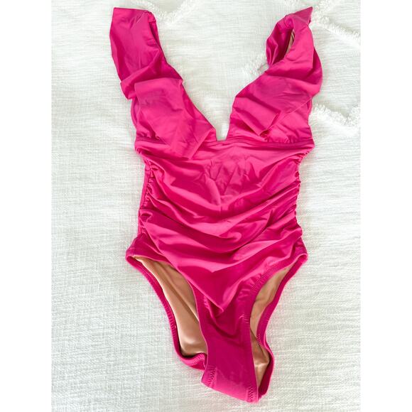 J. Crew | NWT | Ruched ruffle one-piece swimsuit in Radiant Fuchsia | Sz 8 - Picture 2 of 12